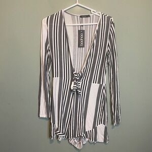 NWT Boohoo Summer Travel Vacation Resort Beach Casual Striped Romper White 10